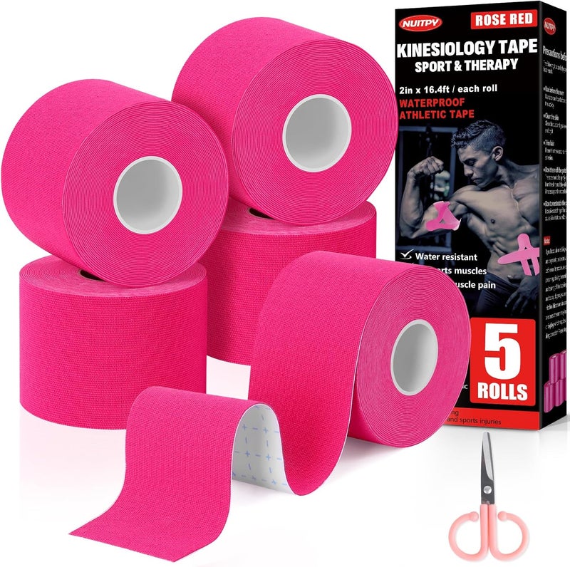 NUITPY 5 Rolls Kinesiology Tape, 2 inch x 16.4 Feet Waterproof Athletic Tape, Uncut Kinetic Tape, Muscle Tape, Sports Tape, Knee Tape for Exercise and Daily Use - Rose Red - Image 1